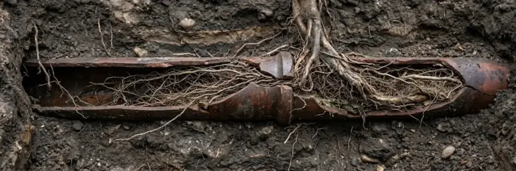 A tree with its roots exposed, surrounded by dirt and rocks. And appears to be growing out of a pipe.