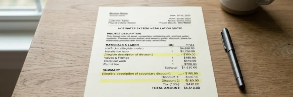 Invoice for hot water system installation on a wooden table with highlighted discounts and a pen beside it.