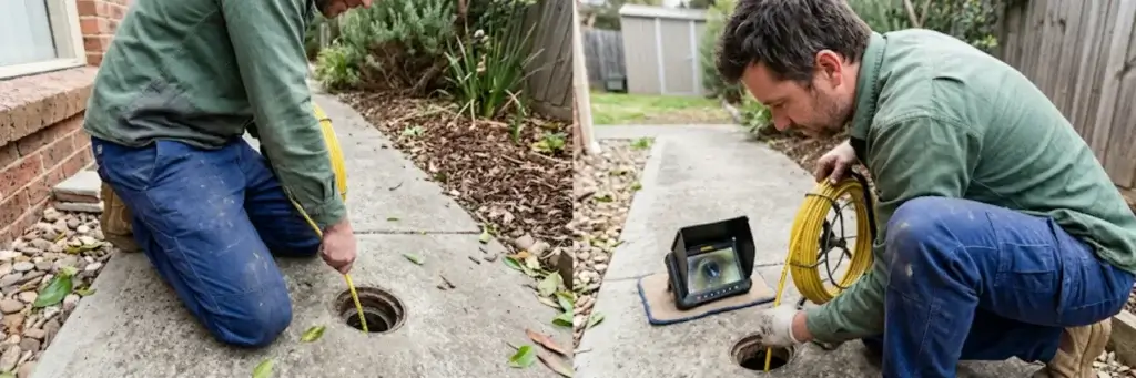 Man inspecting underground pipe through a sidewalk access hole using a camera on a yellow cable with a monitor display.