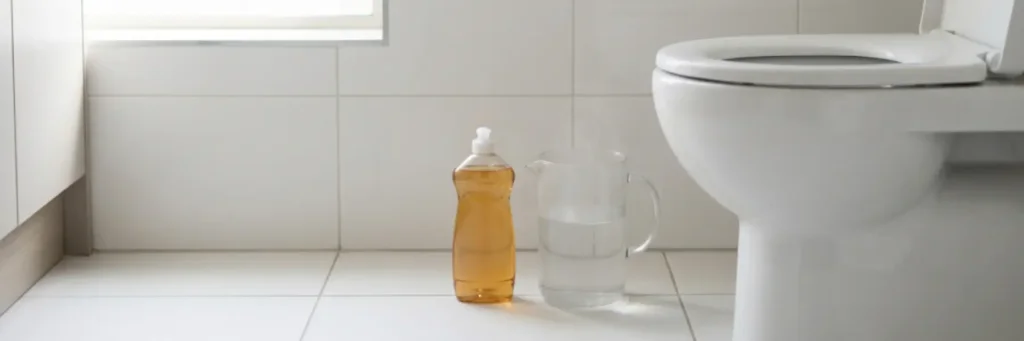 Toilet bowl on white tiled floor next to a bottle of cleaning liquid and a transparent pitcher of water.